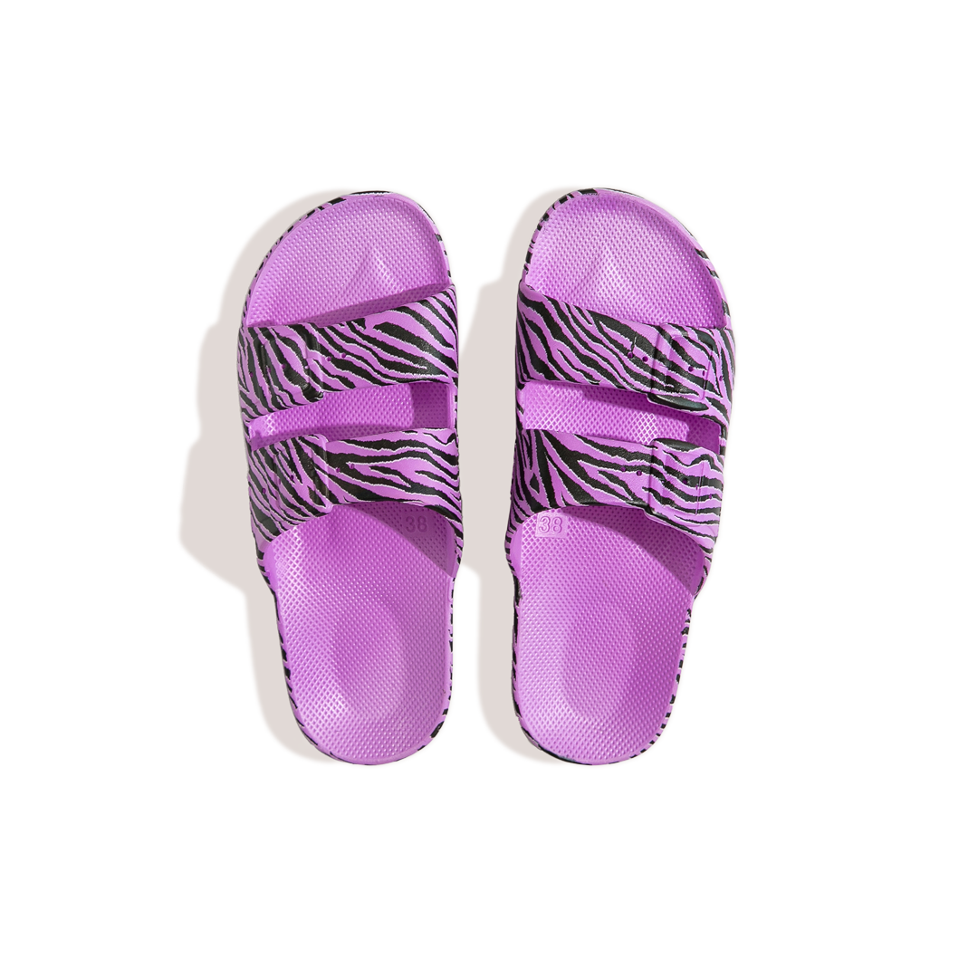 Freedom Moses waterproof fixed buckle Slides sandals in Zbra Ultra zebra print on purple at Inner Beach Co, Toronto, Ontario, Canada