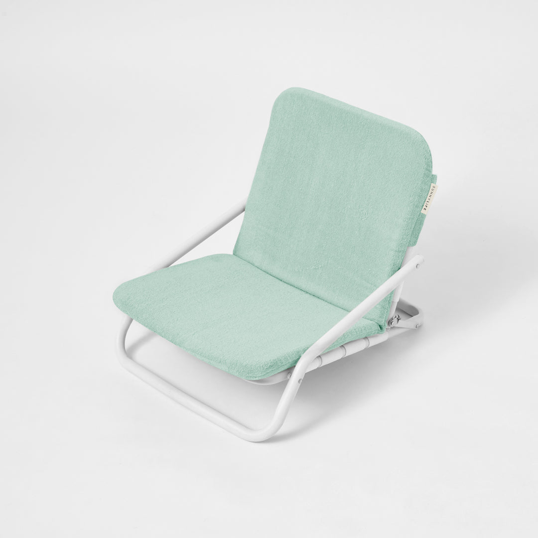 SUNNYLiFE Australia foldable Cushioned Beach Chair with a removable terry towelling padded cushion in Sage green colour at Inner Beach Co, Toronto, Ontario, Canada