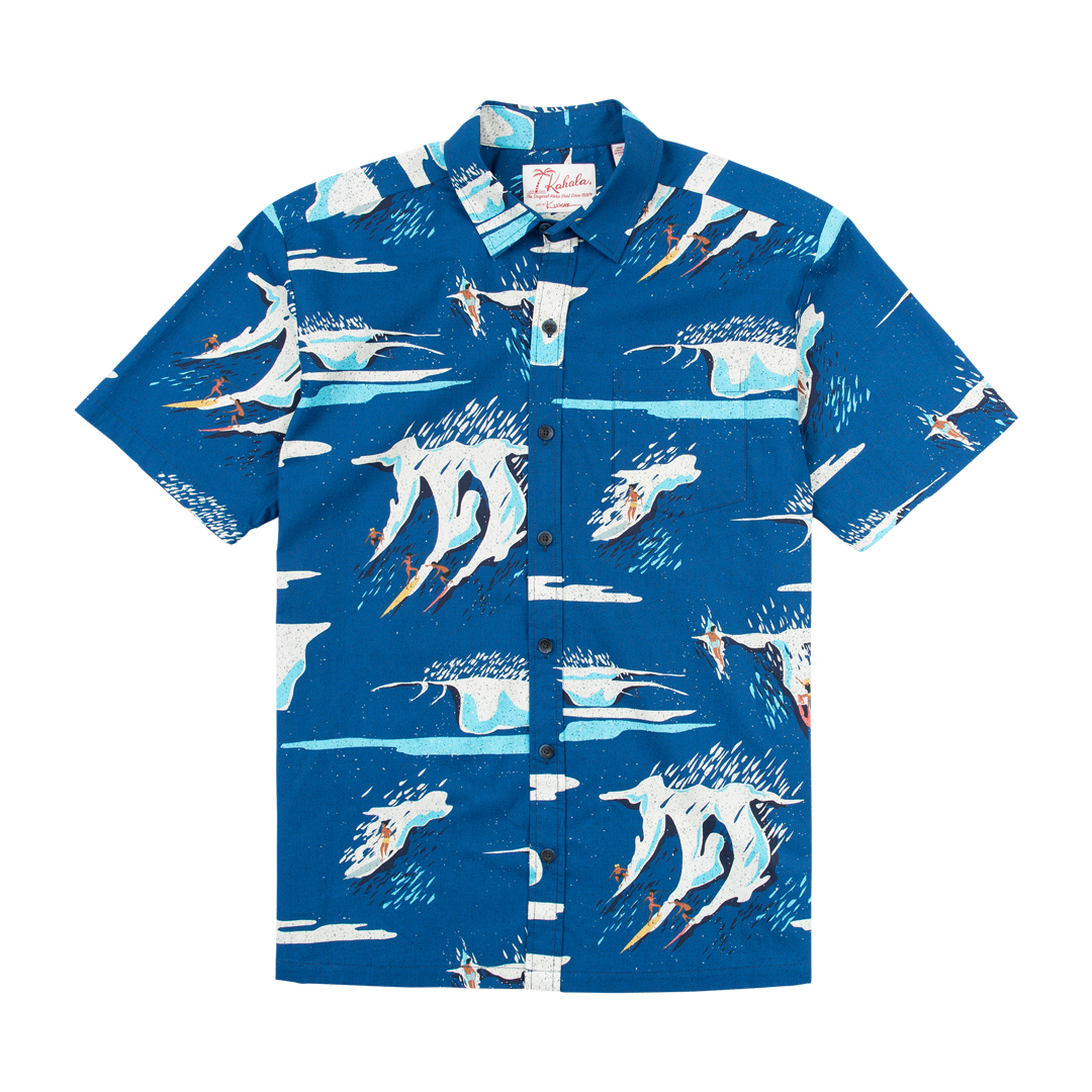 Kahala Men's Aloha Shirt Heavy Water design by Nick Kuchar in Navy colour at Inner Beach Co, Toronto, Canada