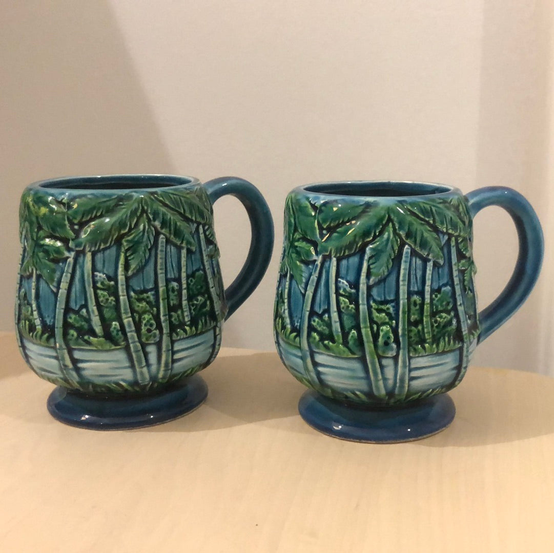 2 Blue and Green Palm Tree Majolica Vintage Mugs