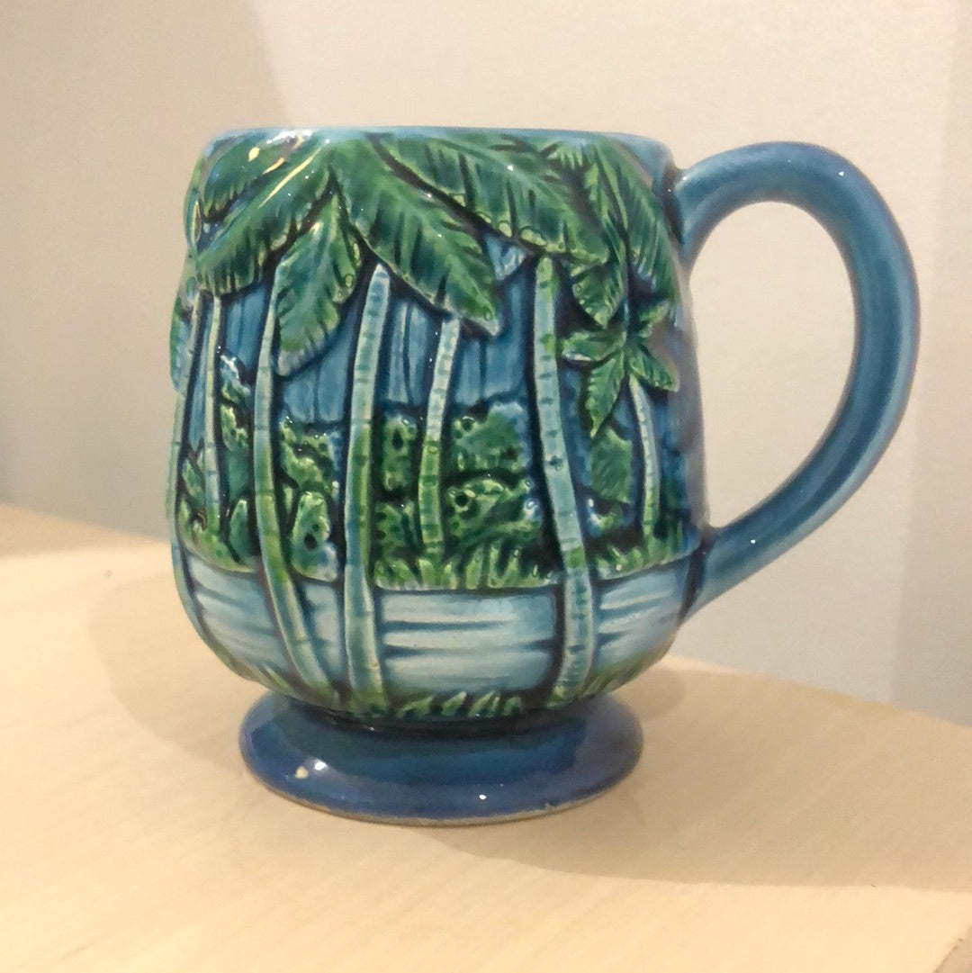 2 Blue and Green Palm Tree Majolica Vintage Mugs