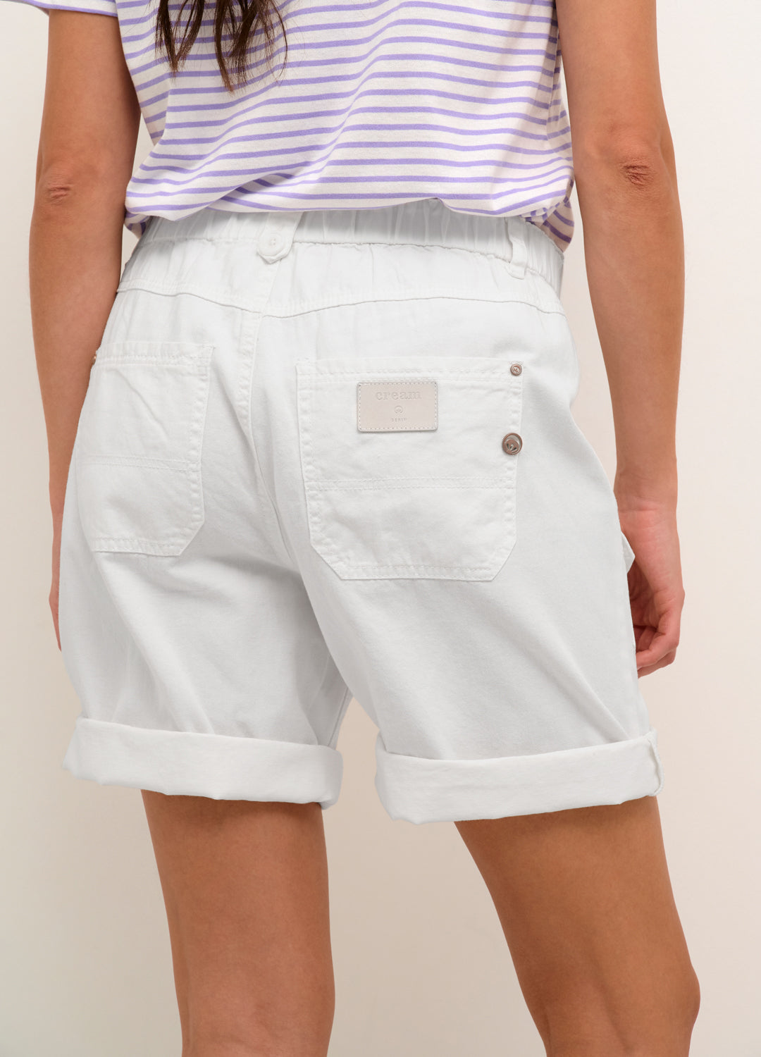 Detail back view of the Cream Clothing Denmark Munto Worker Shorts in Snow White cotton at Inner Beach Co, Toronto, Ontario, Canada