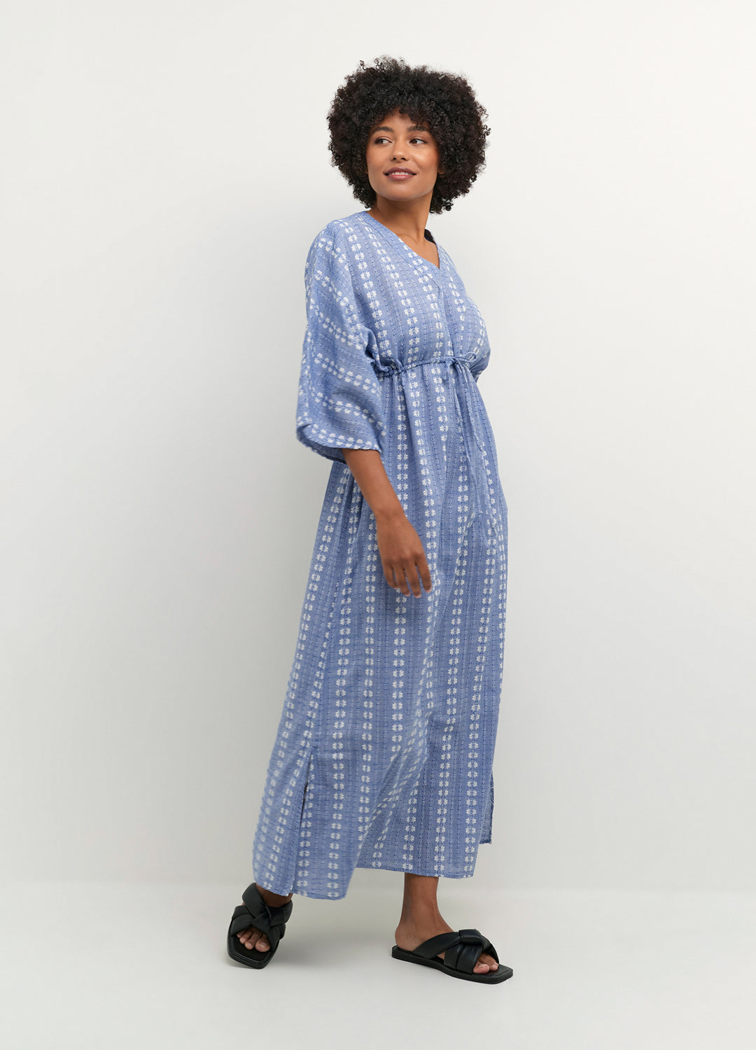 Front view of the Culture Adriette Dress in Ultramarine blue pattern with a loose, flowy silhouette at Inner Beach Co, Toronto, Ontario, Canada