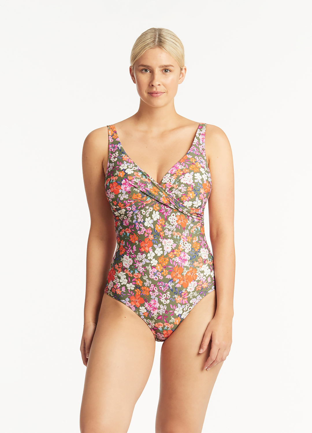 Front view of the Sea Level Swim Australia 'Parkland' Cross Front One Piece Swimsuit in Khaki floral print at Inner Beach Co, Toronto, Ontario, Canada