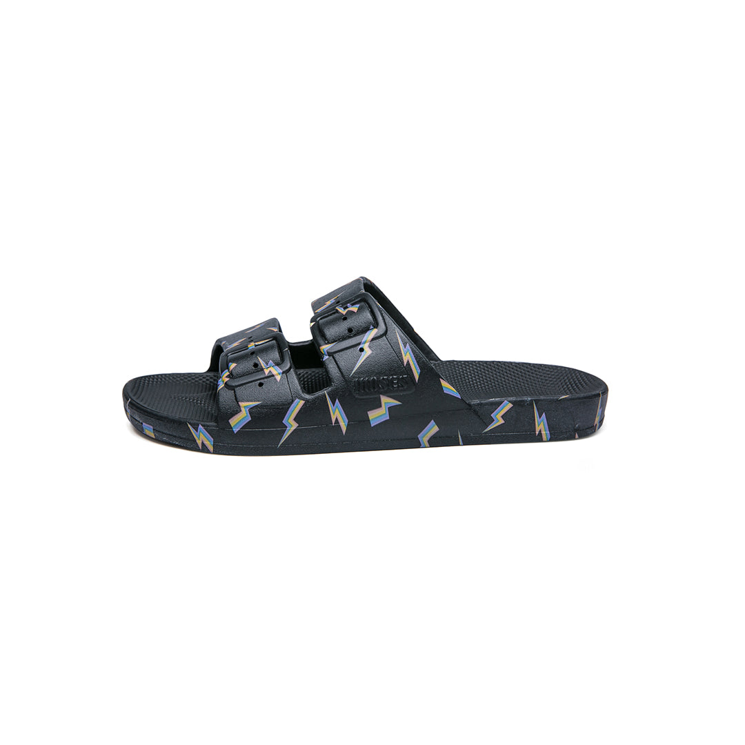 Freedom Moses waterproof fixed buckle Slides sandals in Bolt Black print at Inner Beach Co, Toronto, Ontario, Canada