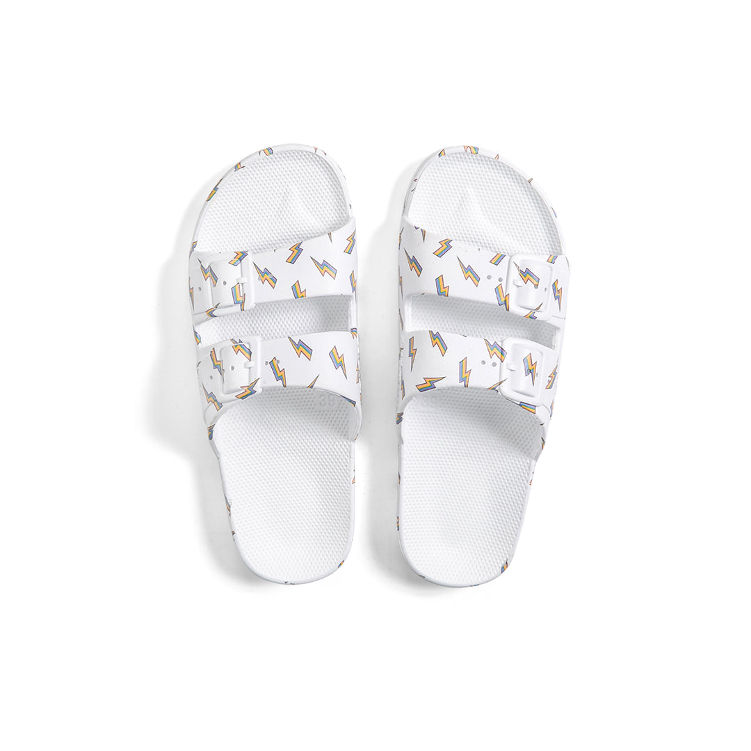 Freedom Moses waterproof fixed buckle Slides sandals in Bolt White print at Inner Beach Co, Toronto, Ontario, Canada