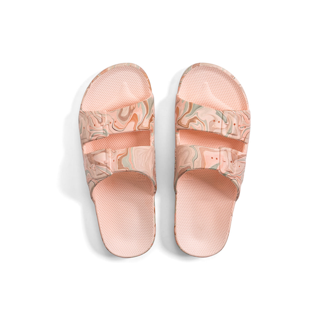 Freedom Moses waterproof fixed buckle Slides sandals in Gaia Baby pink print at Inner Beach Co, Toronto, Ontario, Canada