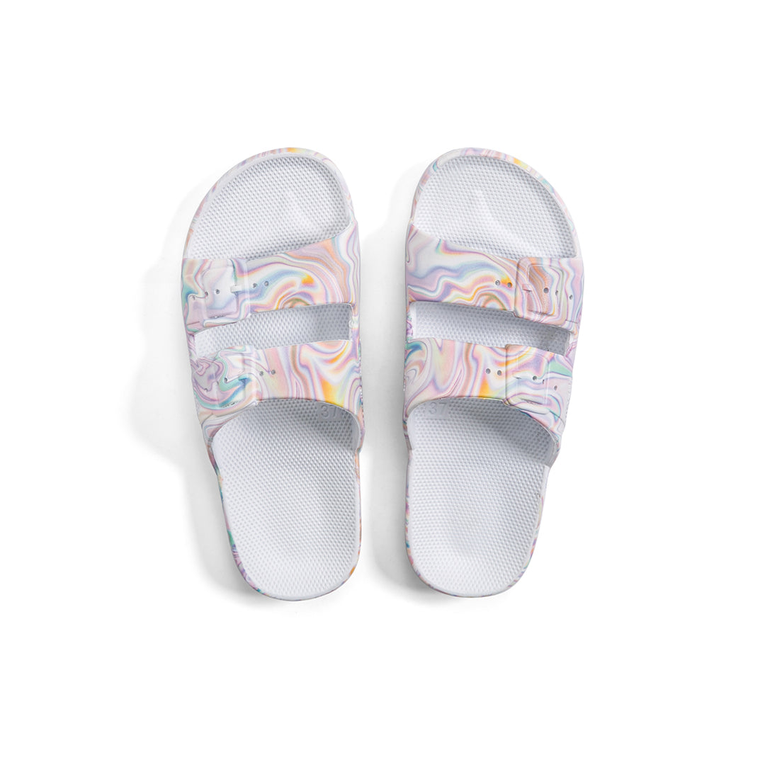 Freedom Moses waterproof fixed buckle Slides sandals in Yuma White iridescent marbled print on white at Inner Beach Co, Toronto, Ontario, Canada