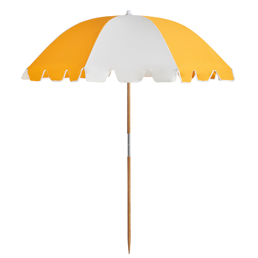 Basil Bangs collapsible Weekend beach Umbrella with carry bag in marigold yellow colour at Inner Beach Co, Toronto, Ontario, Canada