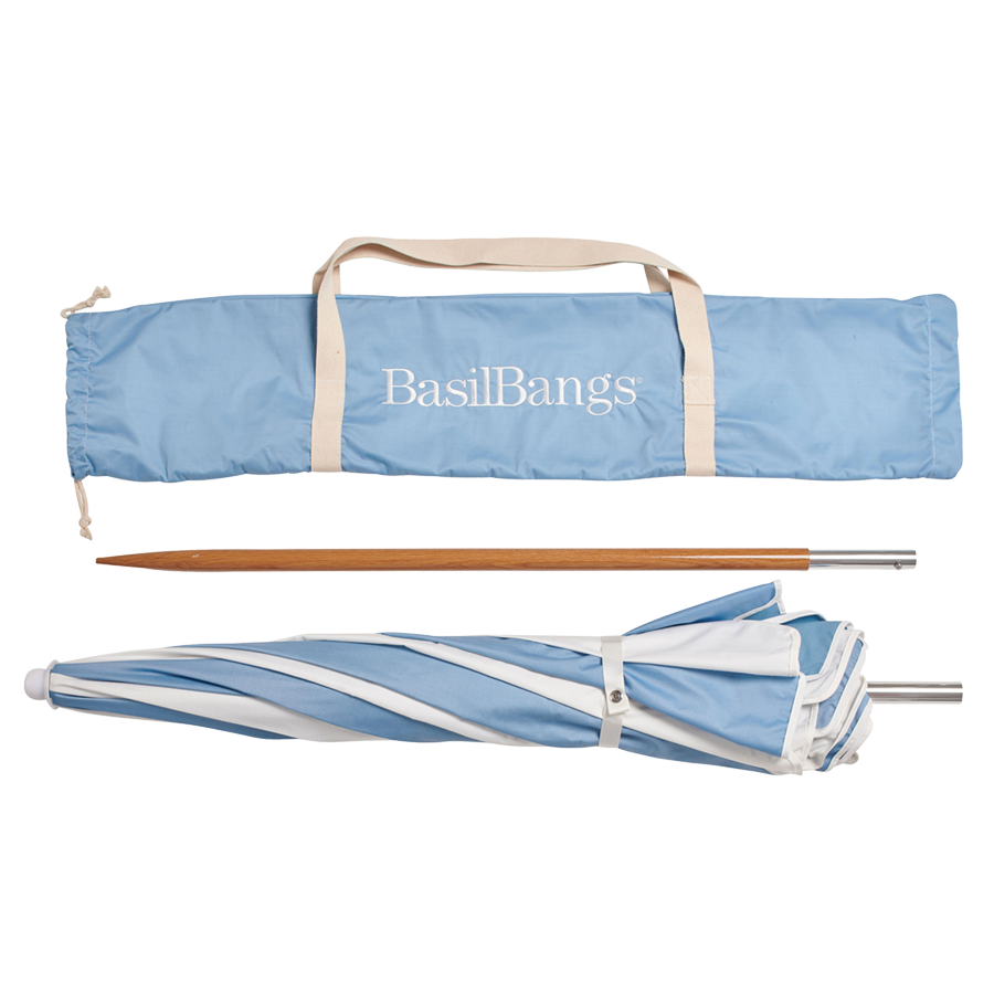 Basil Bangs collapsible Weekend beach Umbrella with carry bag in mineral blue colour at Inner Beach Co, Toronto, Ontario, Canada