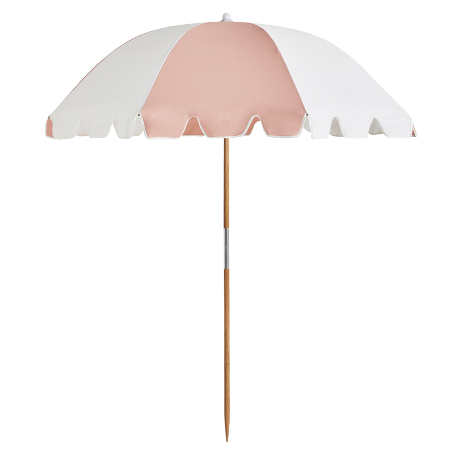 Basil Bangs collapsible Weekend beach Umbrella with carry bag in nudie pink colour at Inner Beach Co, Toronto, Ontario, Canada