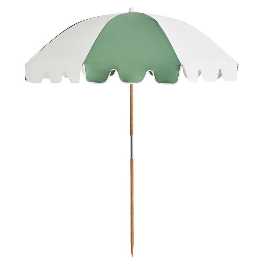 Basil Bangs collapsible Weekend beach Umbrella with carry bag in sage green colour at Inner Beach Co, Toronto, Ontario, Canada