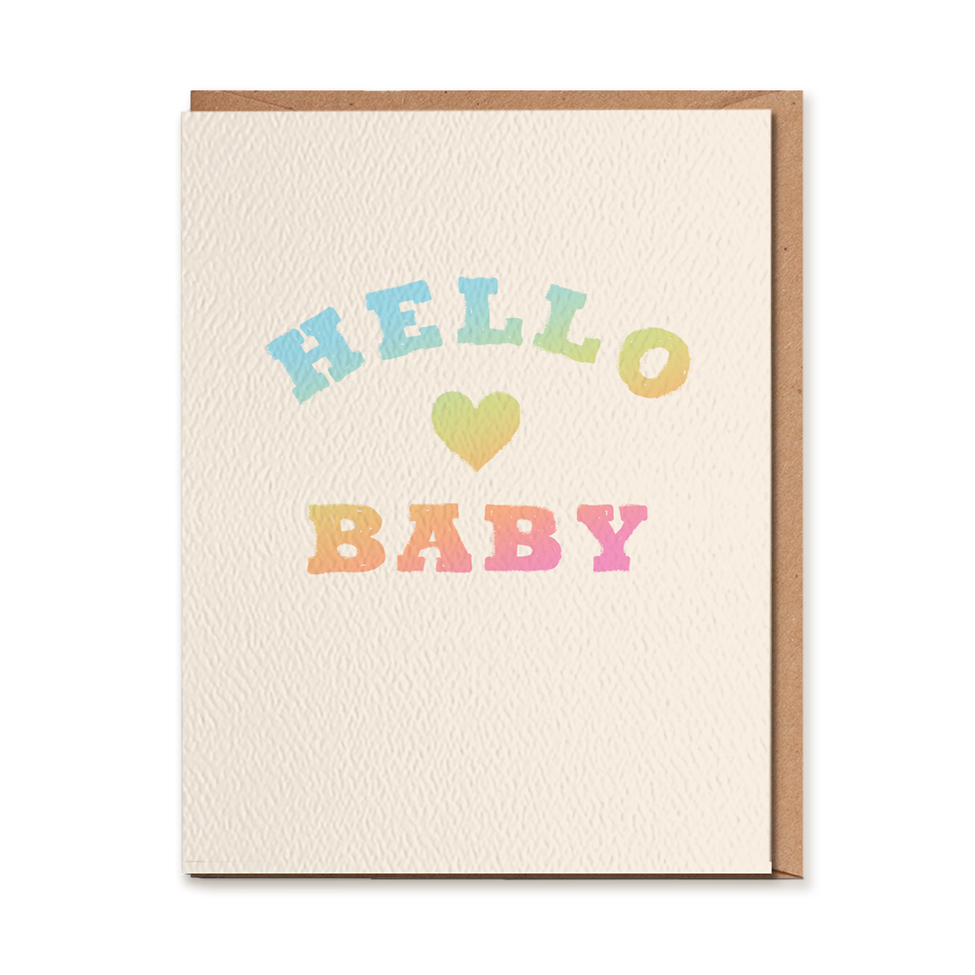 Daydream Prints 'Hello Baby' Greeting Card printed on a natural felt textured A2 size card and blank inside with kraft envelope at Inner Beach Co, Toronto, Ontario, Canada