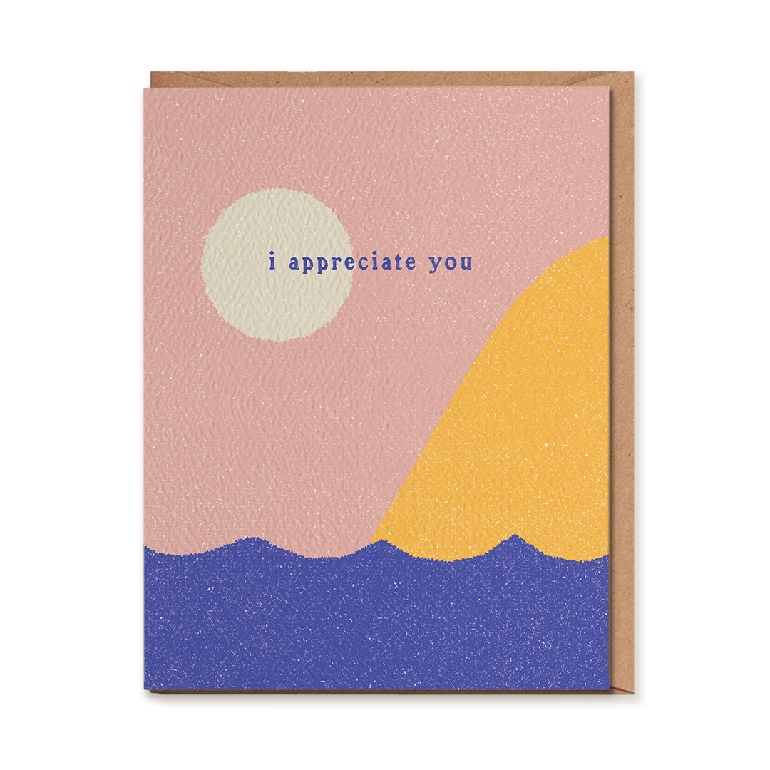 Daydream Prints 'I Appreciate You' Greeting Card printed on a natural felt textured A2 size card and blank inside with kraft envelope at Inner Beach Co, Toronto, Ontario, Canada