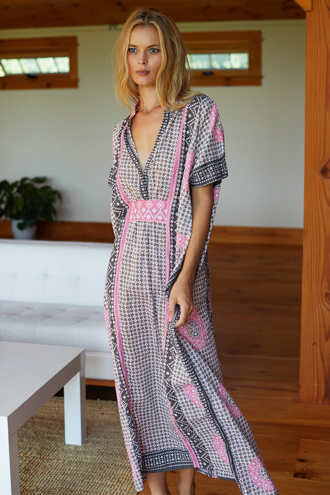 Emerson Fry Emerson Caftan beach cover-up in Rhodolite Organic pink and mauve print at Inner Beach Co, Toronto, Canada