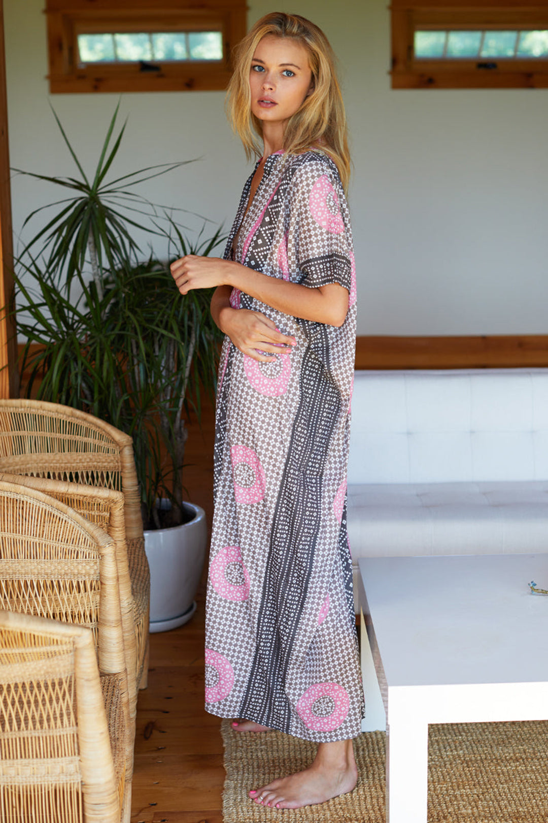 Emerson Fry Emerson Caftan beach cover-up in Rhodolite Organic pink and mauve print at Inner Beach Co, Toronto, Canada