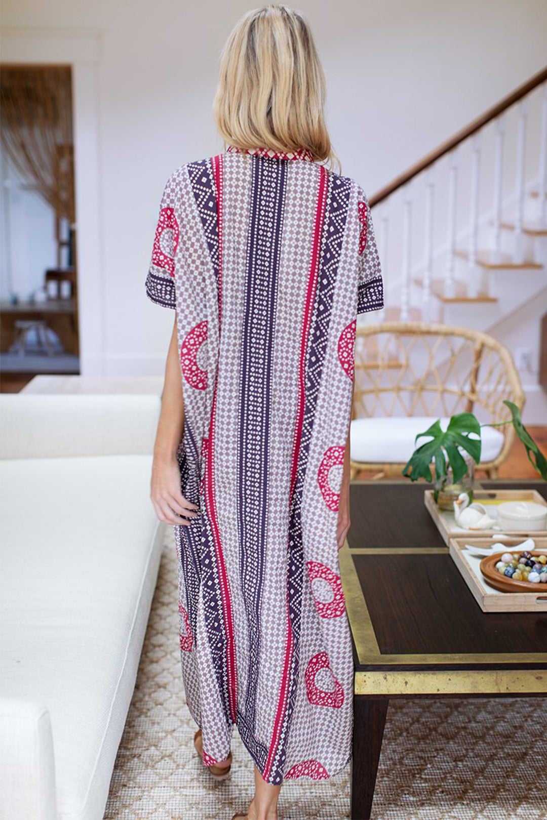 Emerson Fry Emerson Caftan beach cover-up in Butterfly Organic red and purple print at Inner Beach Co, Toronto, Canada