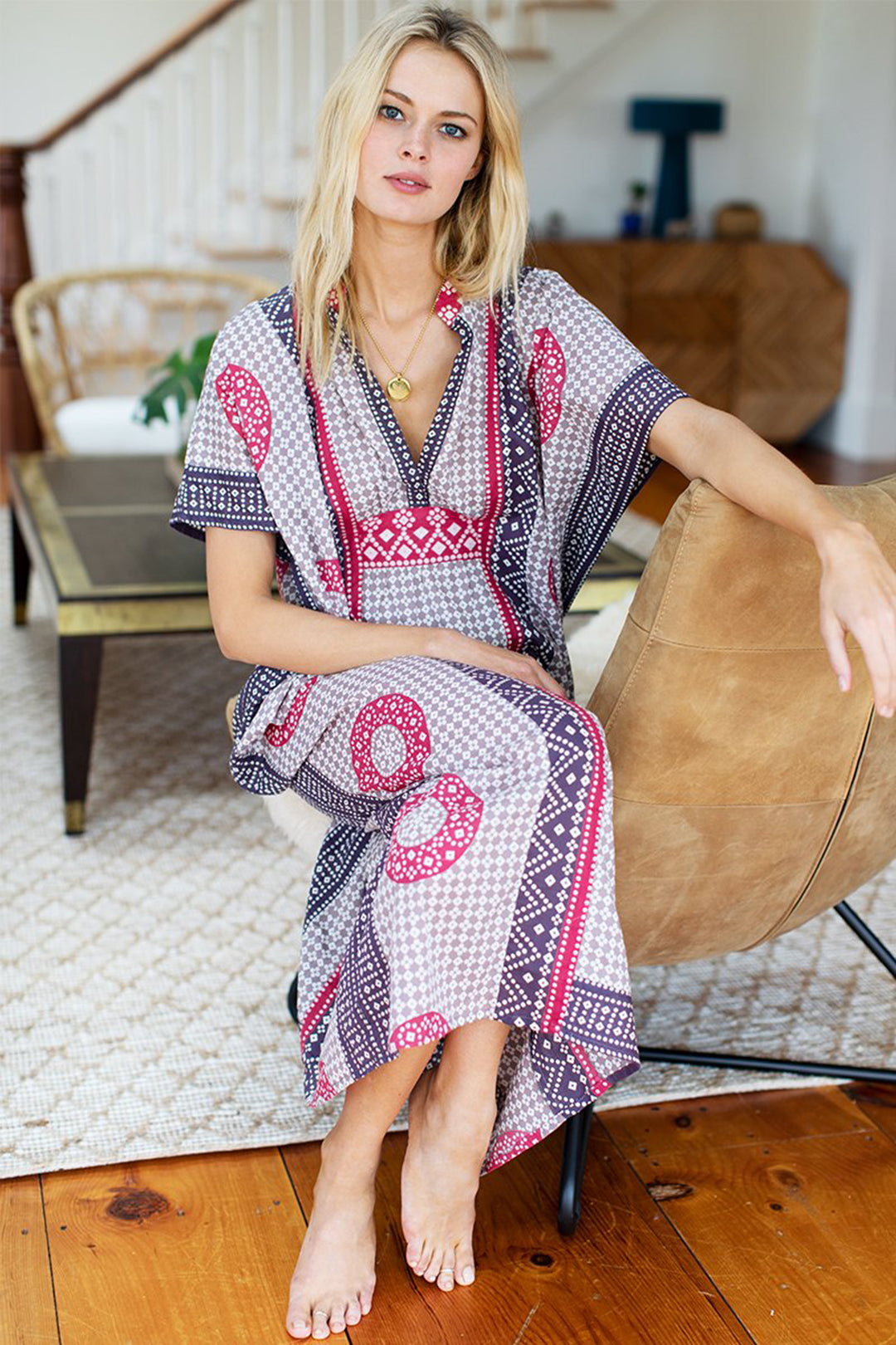 Emerson Fry Emerson Caftan beach cover-up in Butterfly Organic red and purple print at Inner Beach Co, Toronto, Canada