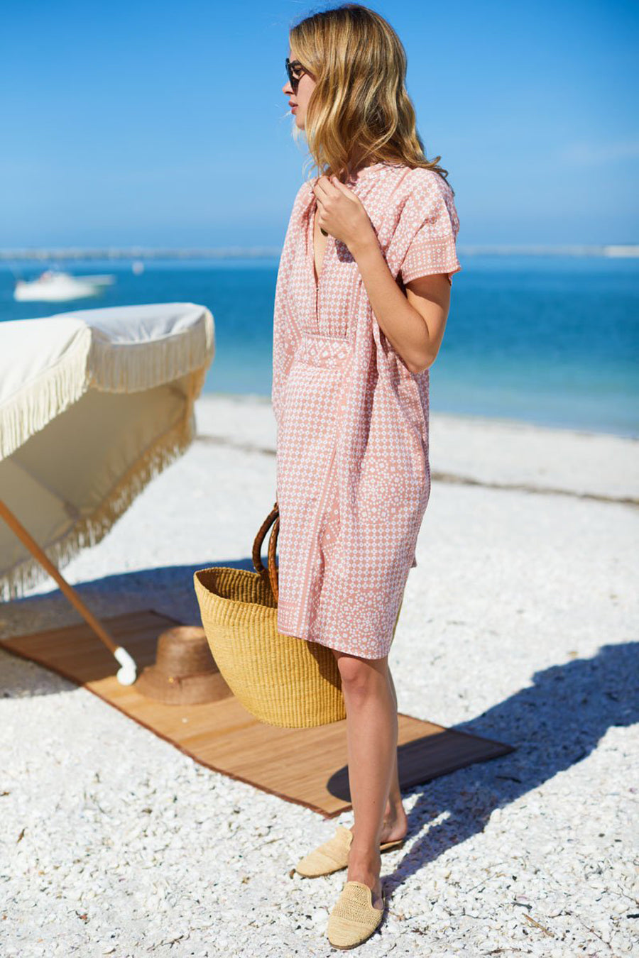 Emerson Fry Emerson Short Caftan in Muted Clay Organic print with woven bag, slides, and sunglasses at Inner Beach Co, Toronto, Canada