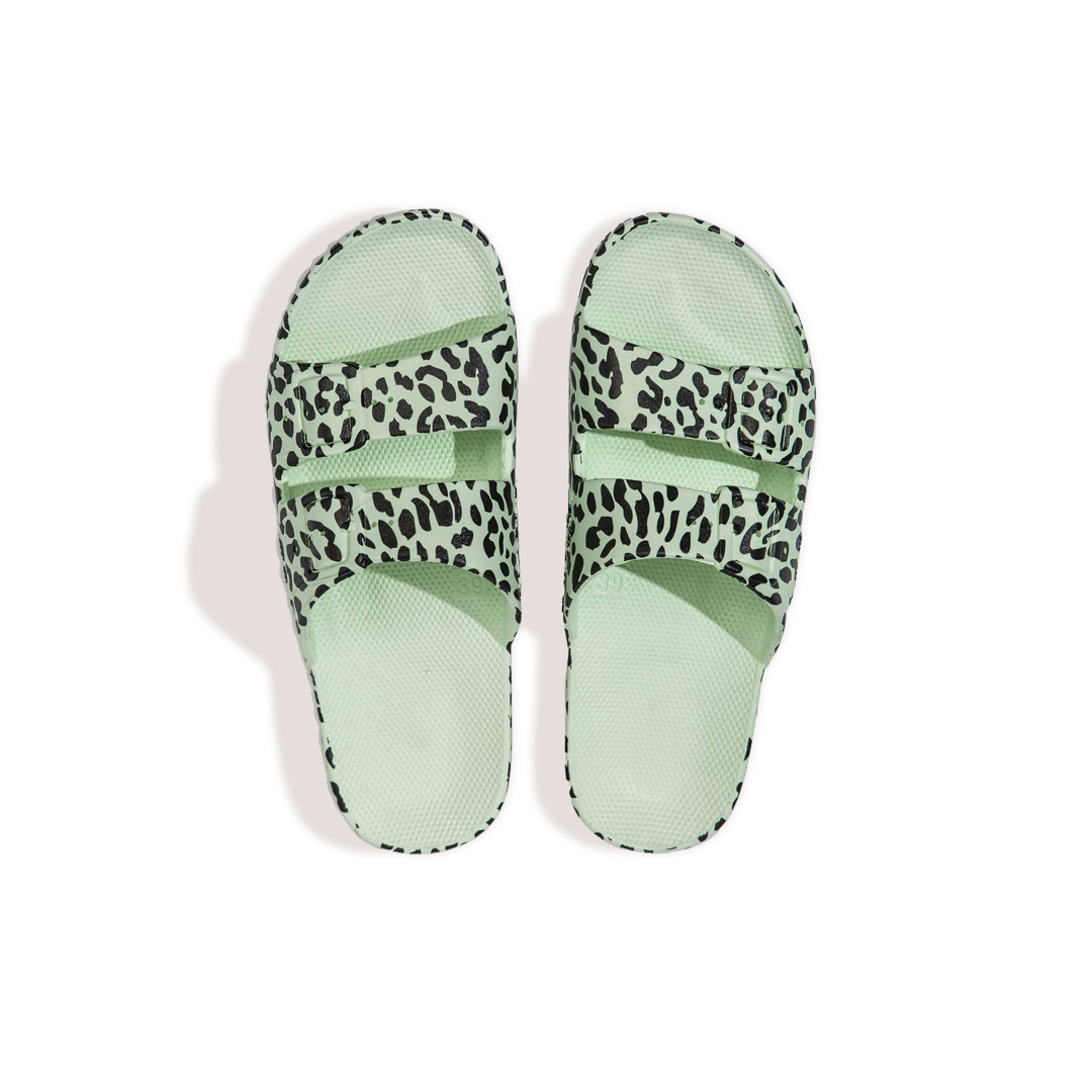 Freedom Moses waterproof fixed buckle Slides sandals in Leo Mint leopard print on pastel green at Inner Beach Co, Toronto, Ontario, Canada