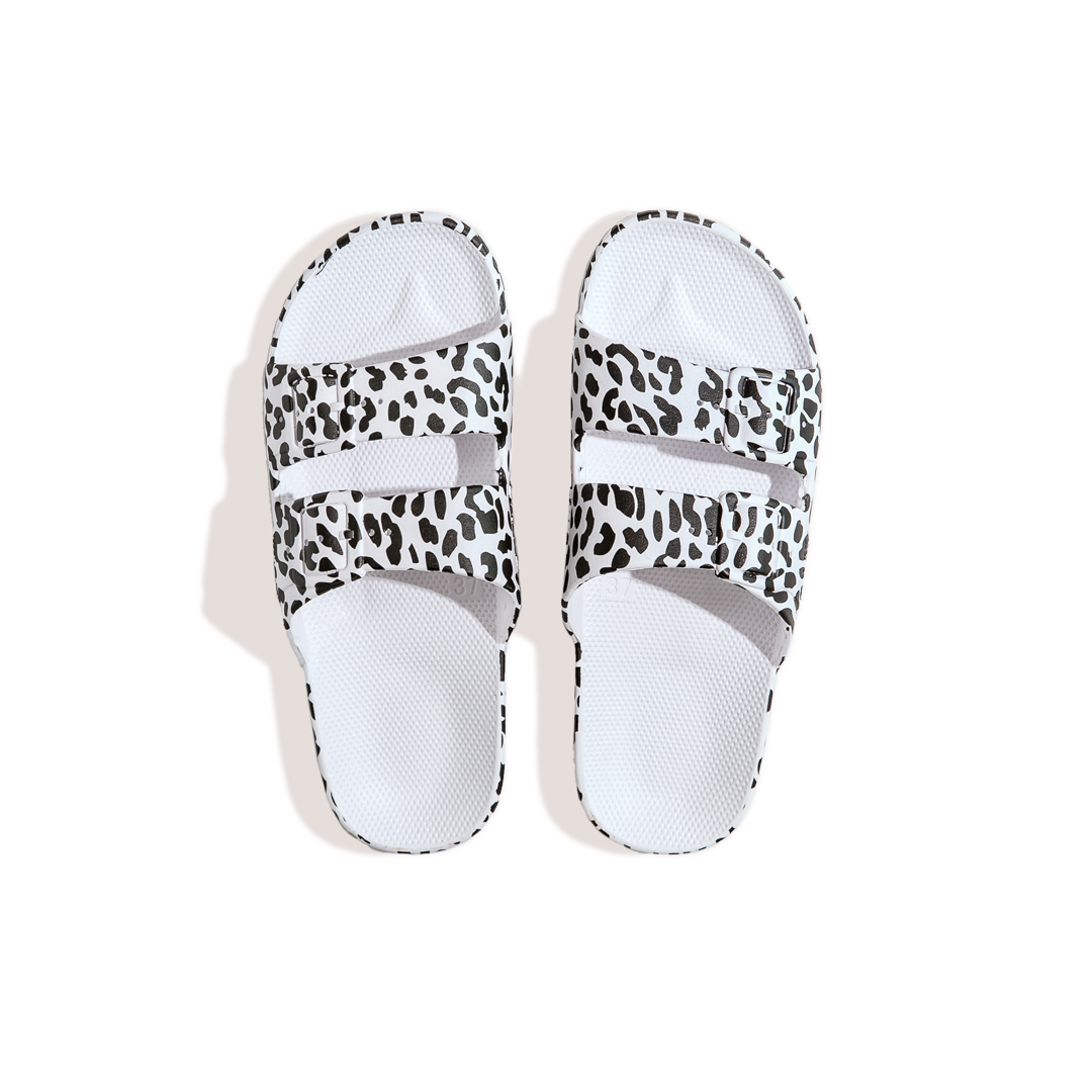 Freedom Moses waterproof fixed buckle Slides sandals in Leo White leopard print on white at Inner Beach Co, Toronto, Ontario, Canada