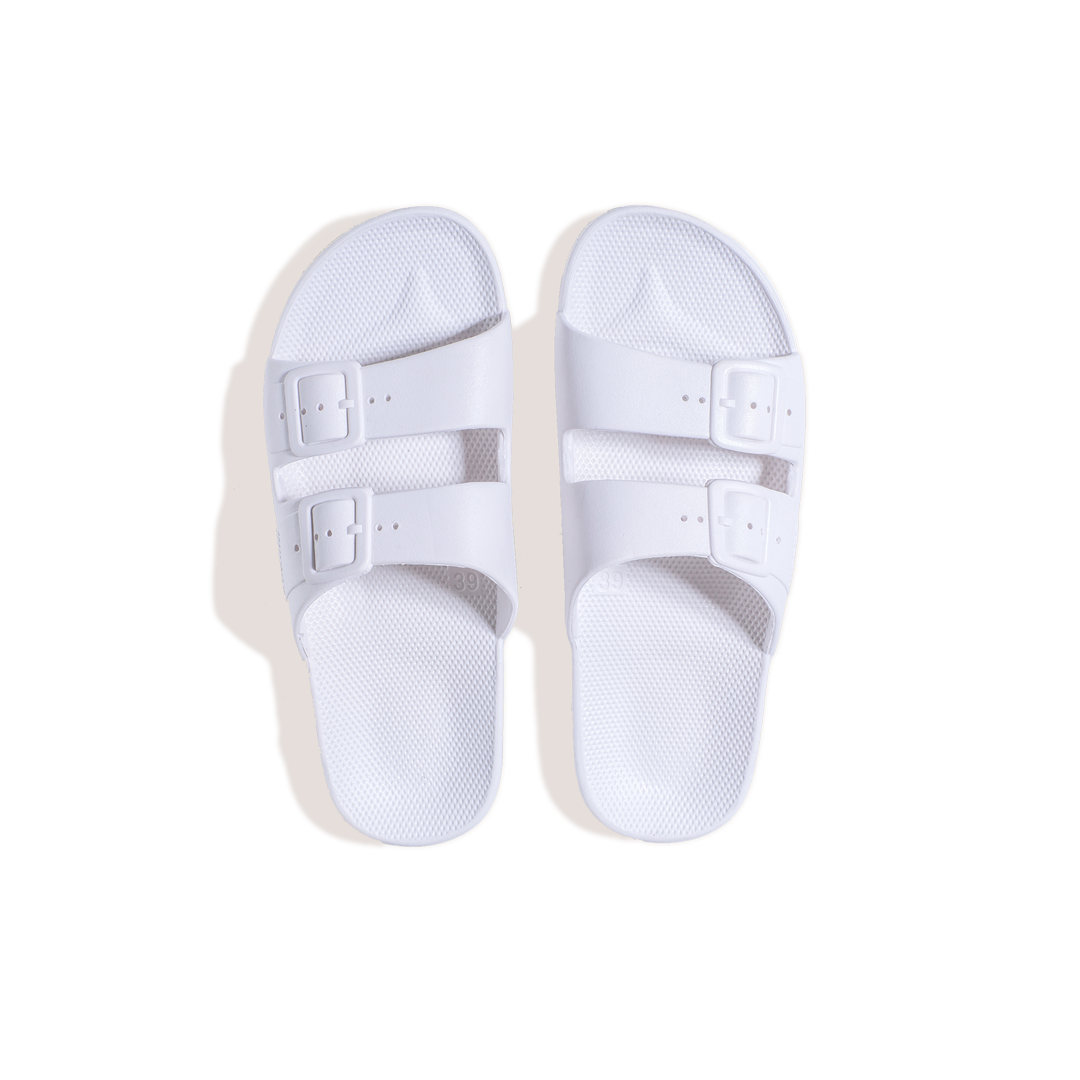Freedom Moses waterproof fixed buckle Slides sandals in white at Inner Beach Co, Toronto, Ontario, Canada