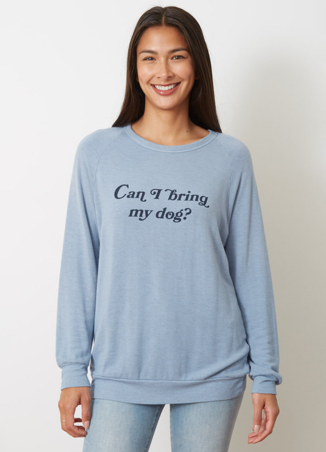 good hYOUman 'The Dave' sweatshirt top in light blue colour with 'Can I bring my dog?' lettering design in navy at Inner Beach Co, Toronto, Ontario, Canada