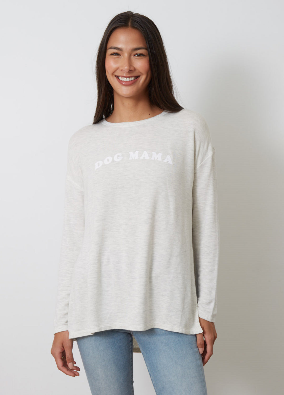 good hYOUman 'The Shauna' sweatshirt top in light grey heather colour with 'Dog Mama' lettering design in white at Inner Beach Co, Toronto, Ontario, Canada