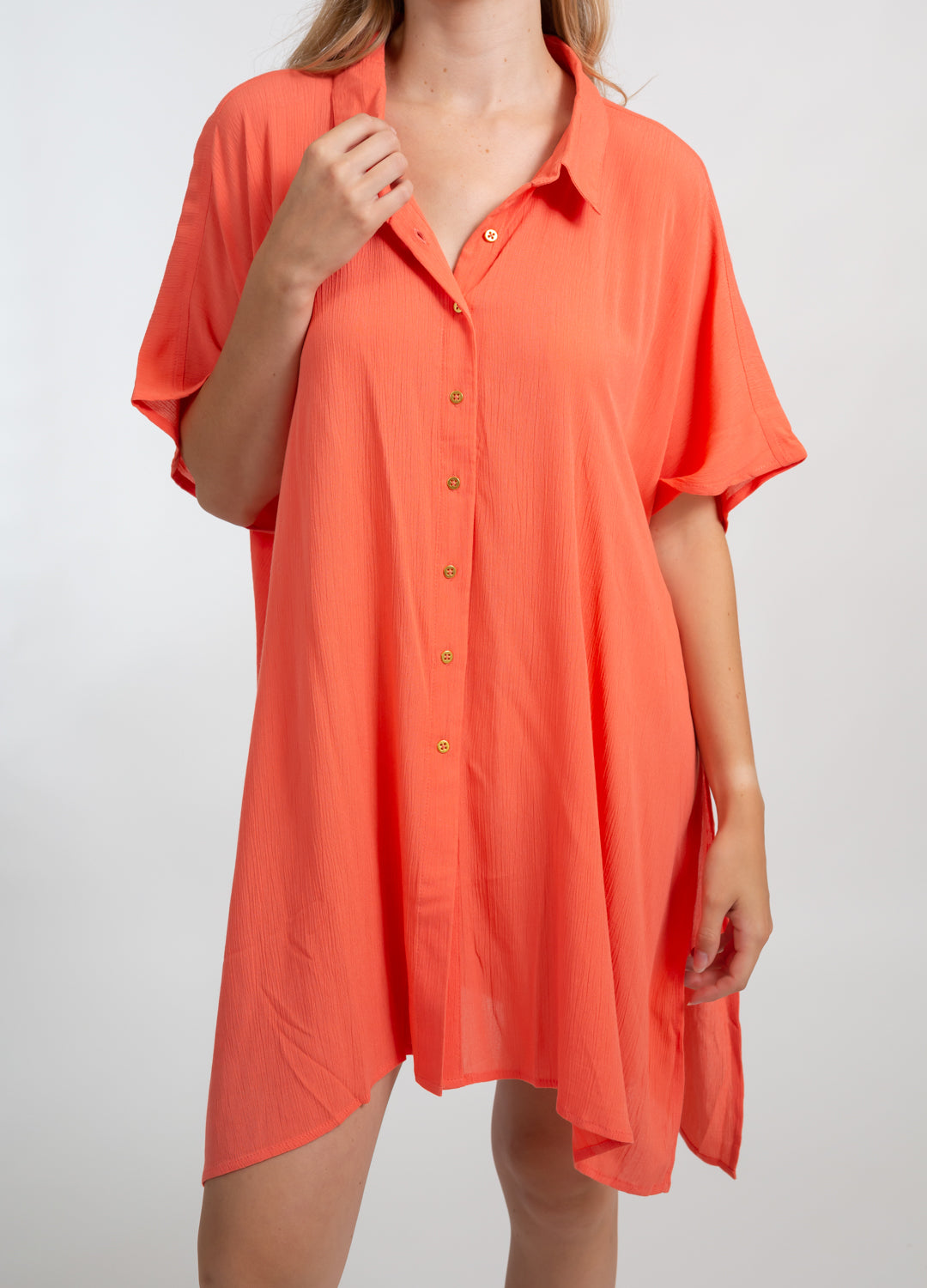 Koy Resort Miami Big Shirt Dress in Punch orange at Inner Beach Co, Toronto, Ontario, Canada