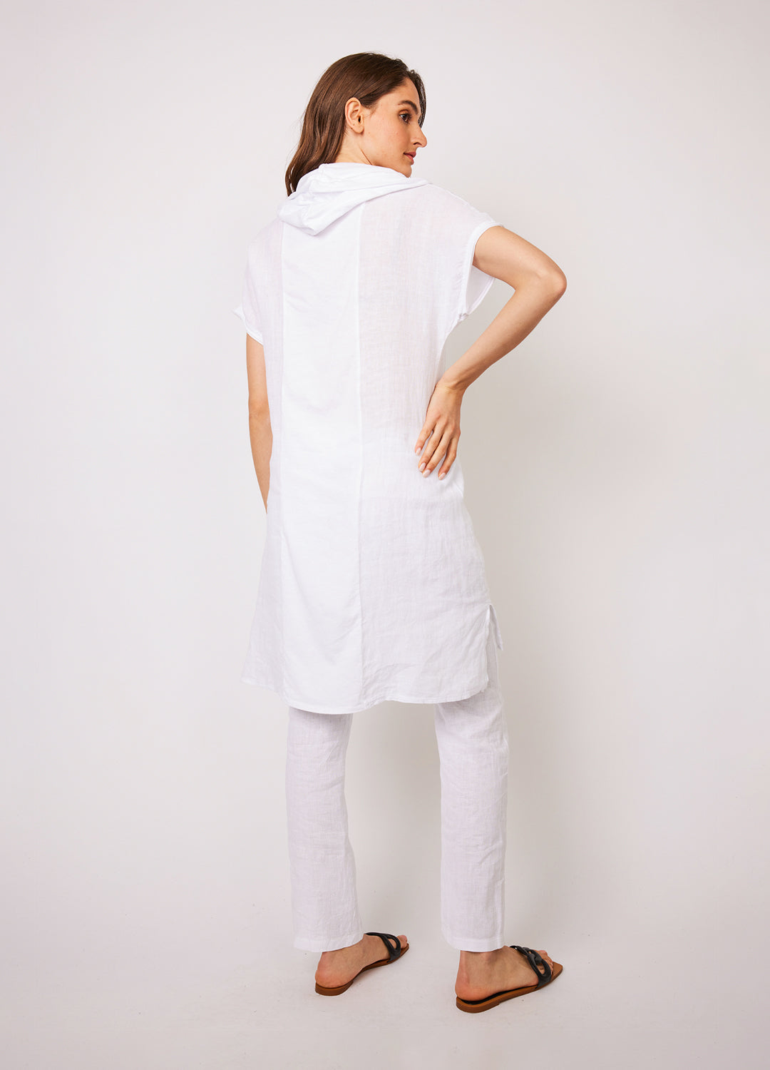 Linen and Jersey Cotton Hooded Dress - White