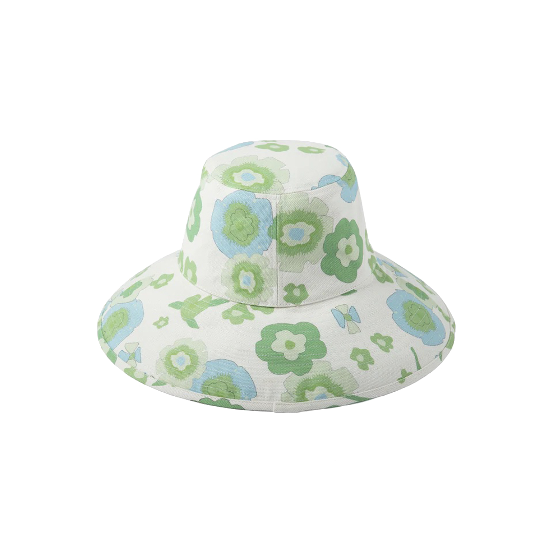 Lack of Color printed cotton canvas wide-brimmed Holiday Bucket in Retro Green floral print at Inner Beach Co, Toronto, Canada