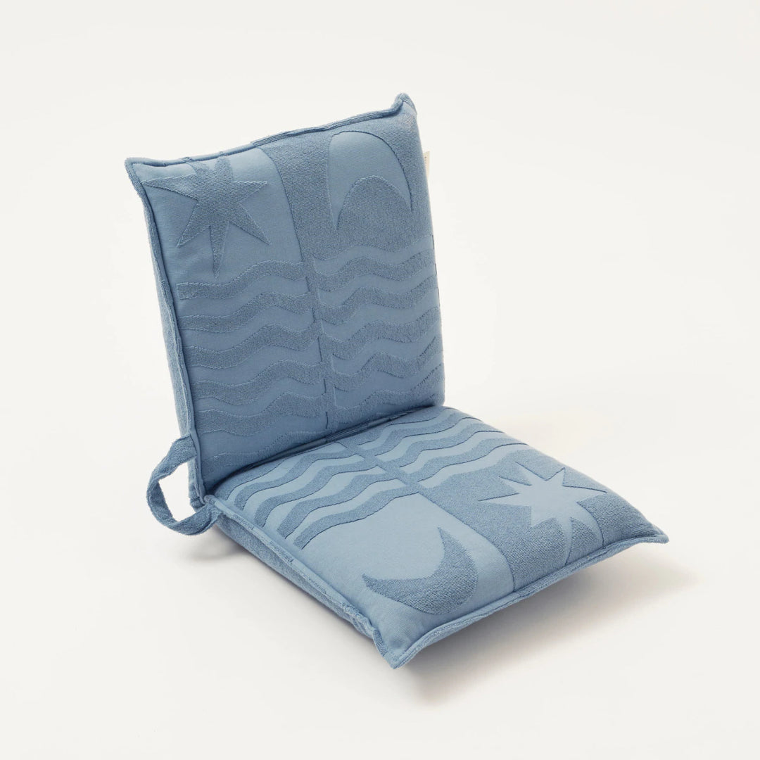 Limited edition SUNNYLiFE X Daimon Downey Terry Travel Lounger Chair in Le Med blue with 6 adjustable reclining settings at Inner Beach Co, Toronto, Ontario, Canada