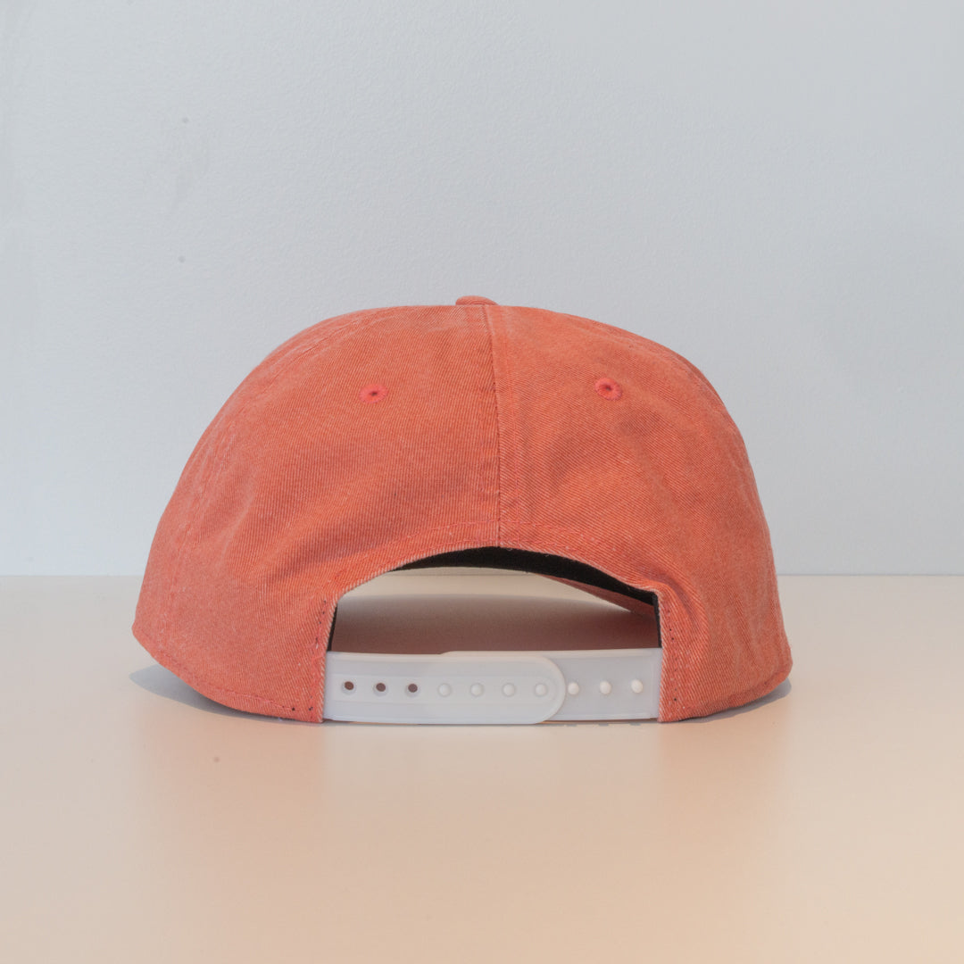 Nantucket Red comfy unstructured 5-panel hat with beautifully embroidered custom Inner Beach design on canvas patch.