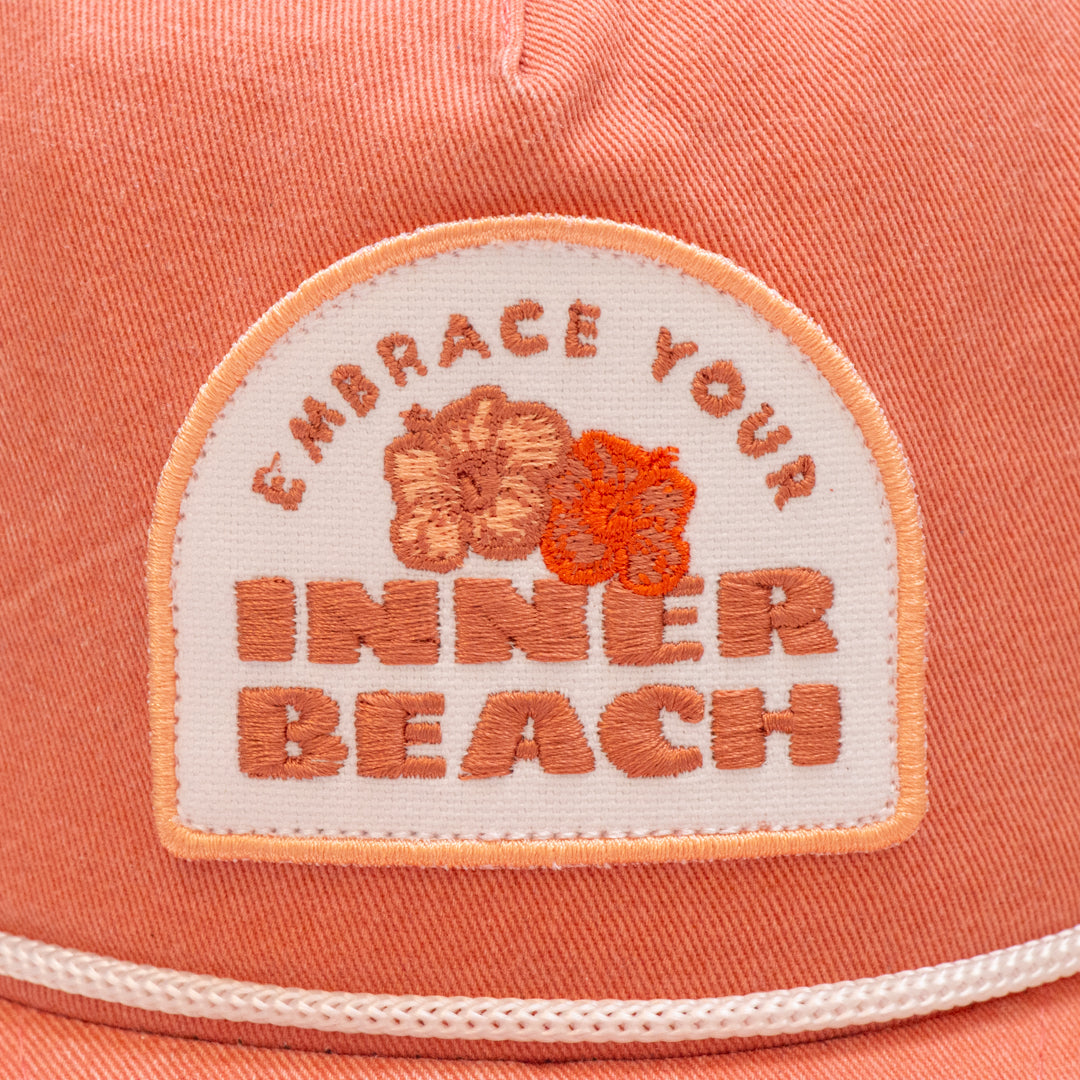 Nantucket Red comfy unstructured 5-panel hat with beautifully embroidered custom Inner Beach design on canvas patch.