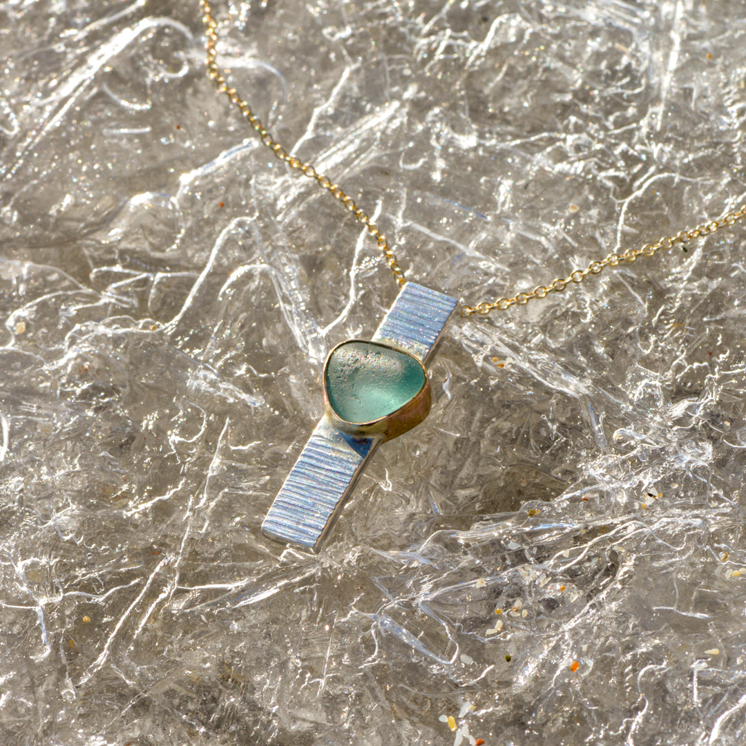 Kate Samson Lake Ontario Beach Glass Ascension Bar Pendant Necklace in Pale Aqua at Inner Beach Co, Toronto, Ontario, Canada