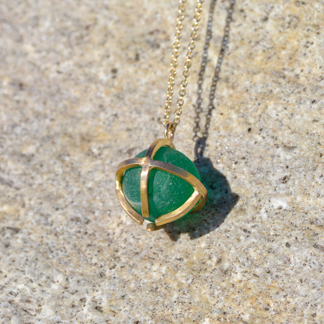 Kate Samson Gold and Lake Ontario Beach Glass Marble Caged Pendant Necklace in Teal at Inner Beach Co, Toronto, Ontario, Canada