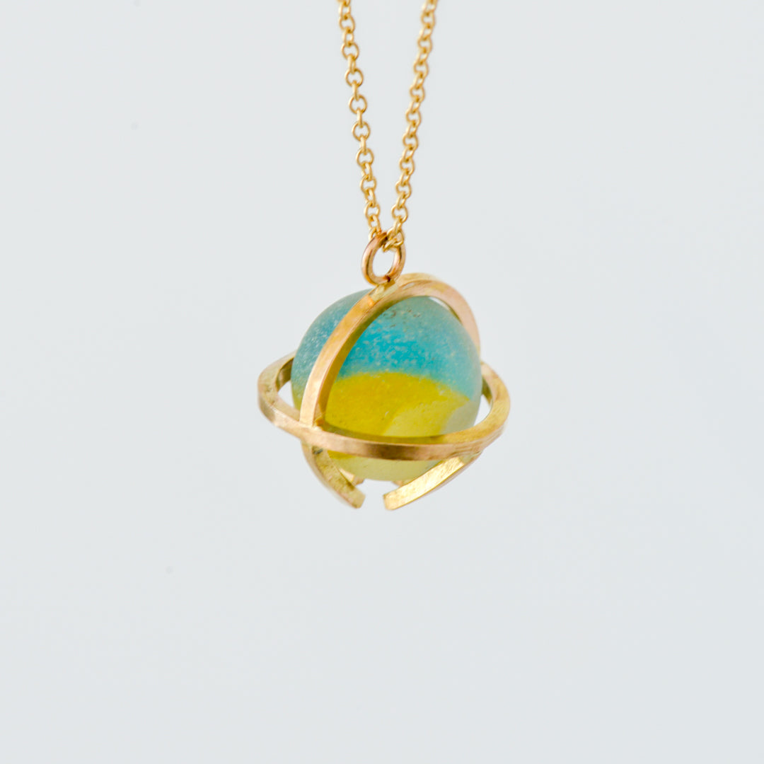 Kate Samson Gold and Lake Ontario Beach Glass Marble Caged Pendant Necklace in Aqua & Yellow at Inner Beach Co, Toronto, Ontario, Canada