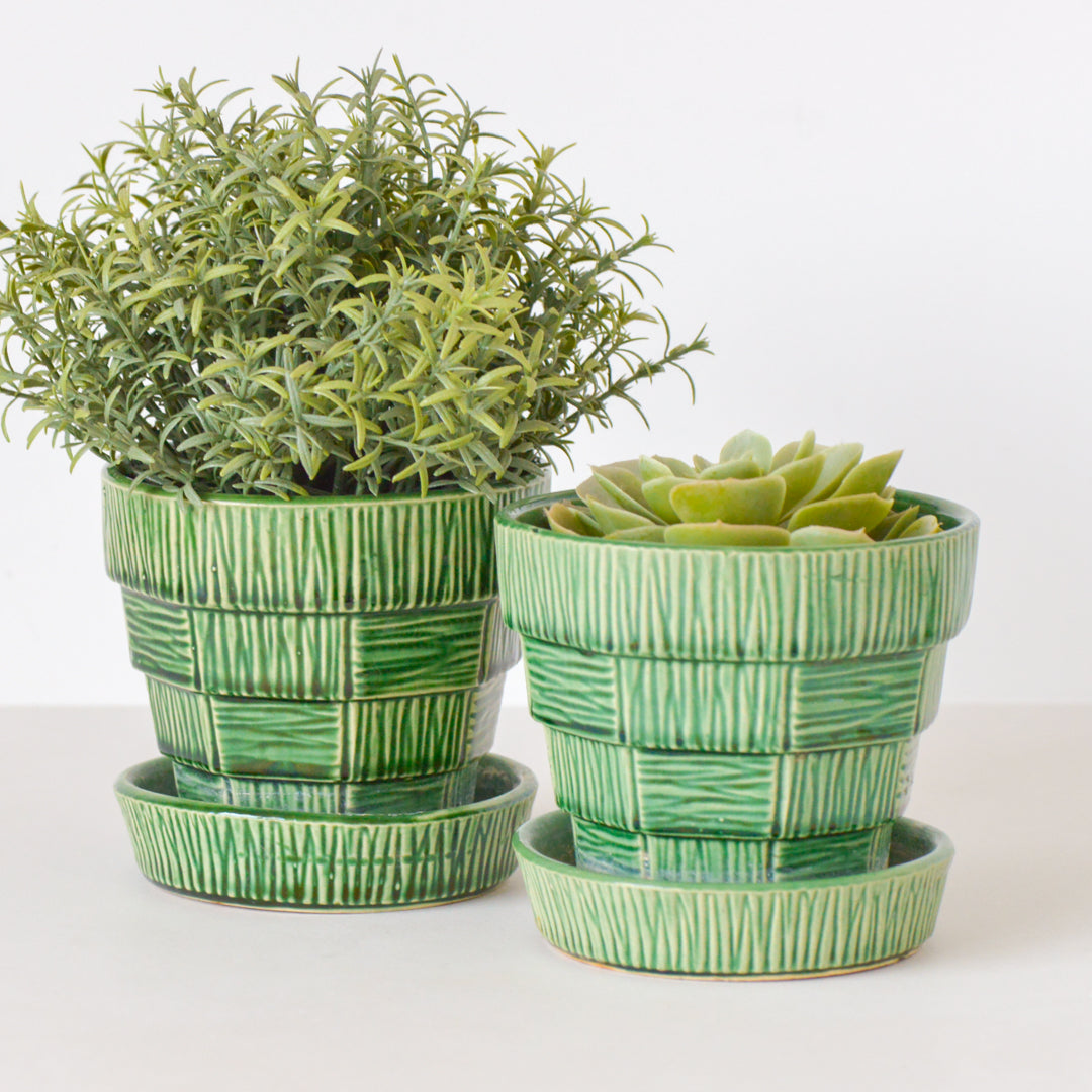 McCoy Basketweave Plant Pot/Planter with Attached Saucer - Set of 2
