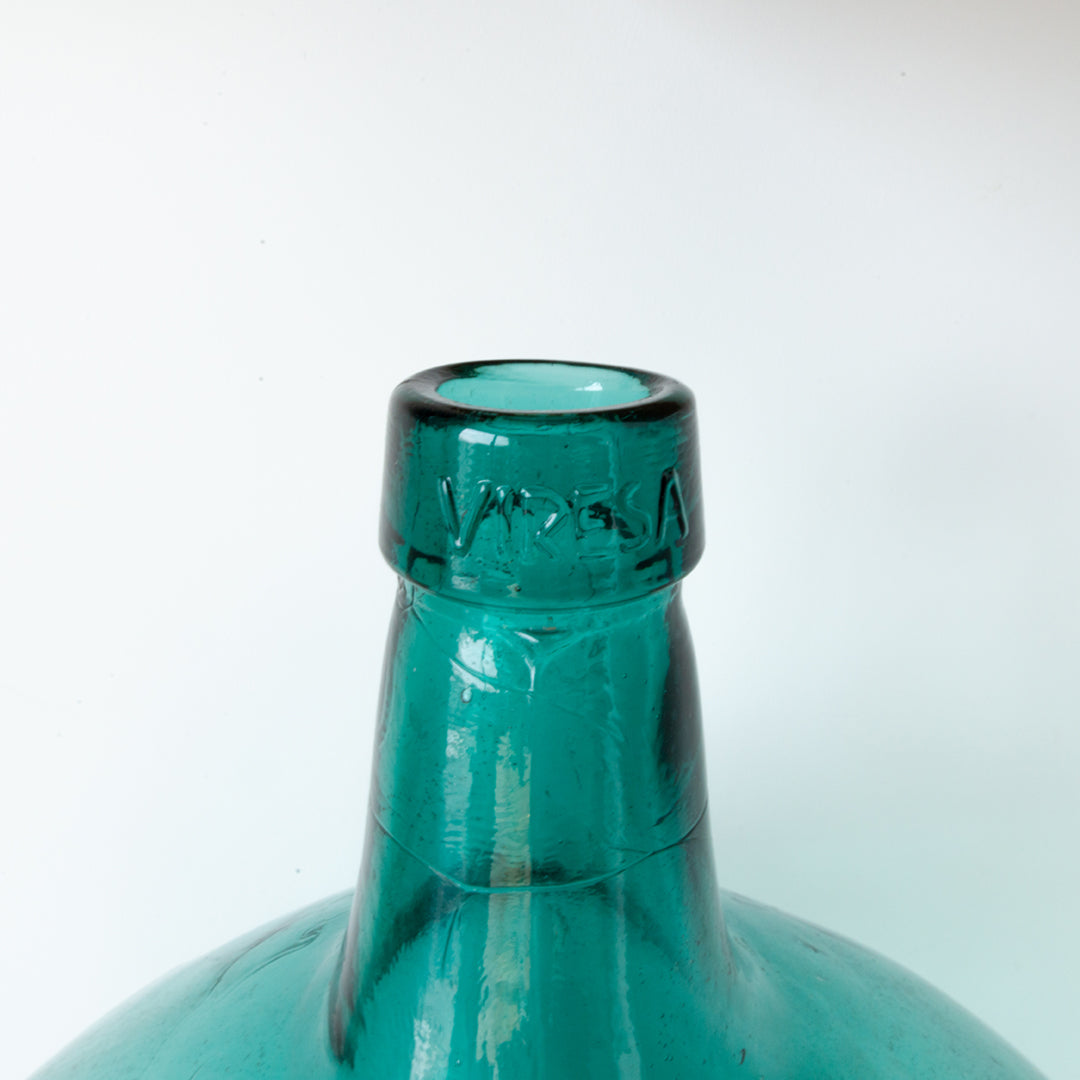 Vintage authentic Spanish hand-blown 'damajuana' or demijohn in aqua glass by Viresa at Inner Beach Co, Toronto, Canada