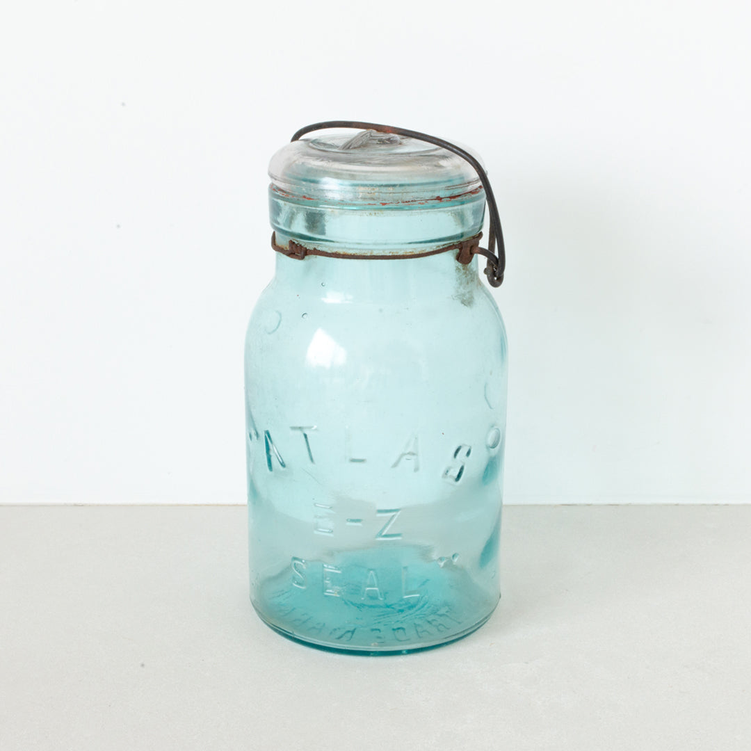 Vintage aqua glass Atlas Mason E-Z Seal jar featuring a bail and glass lid at Inner Beach Co, Toronto, Canada