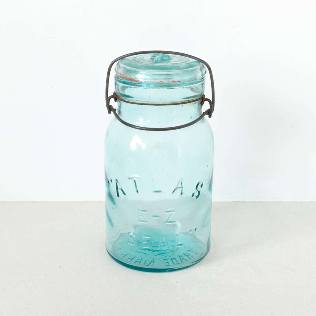 Vintage aqua glass Atlas Mason E-Z Seal jar featuring a bail and glass lid at Inner Beach Co, Toronto, Canada