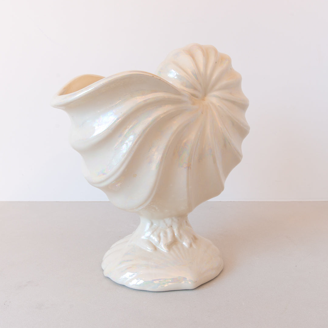 Vintage large ceramic nautilus shell cachepot planter finished in iridescent cream at Inner Beach Co, Toronto, Canada