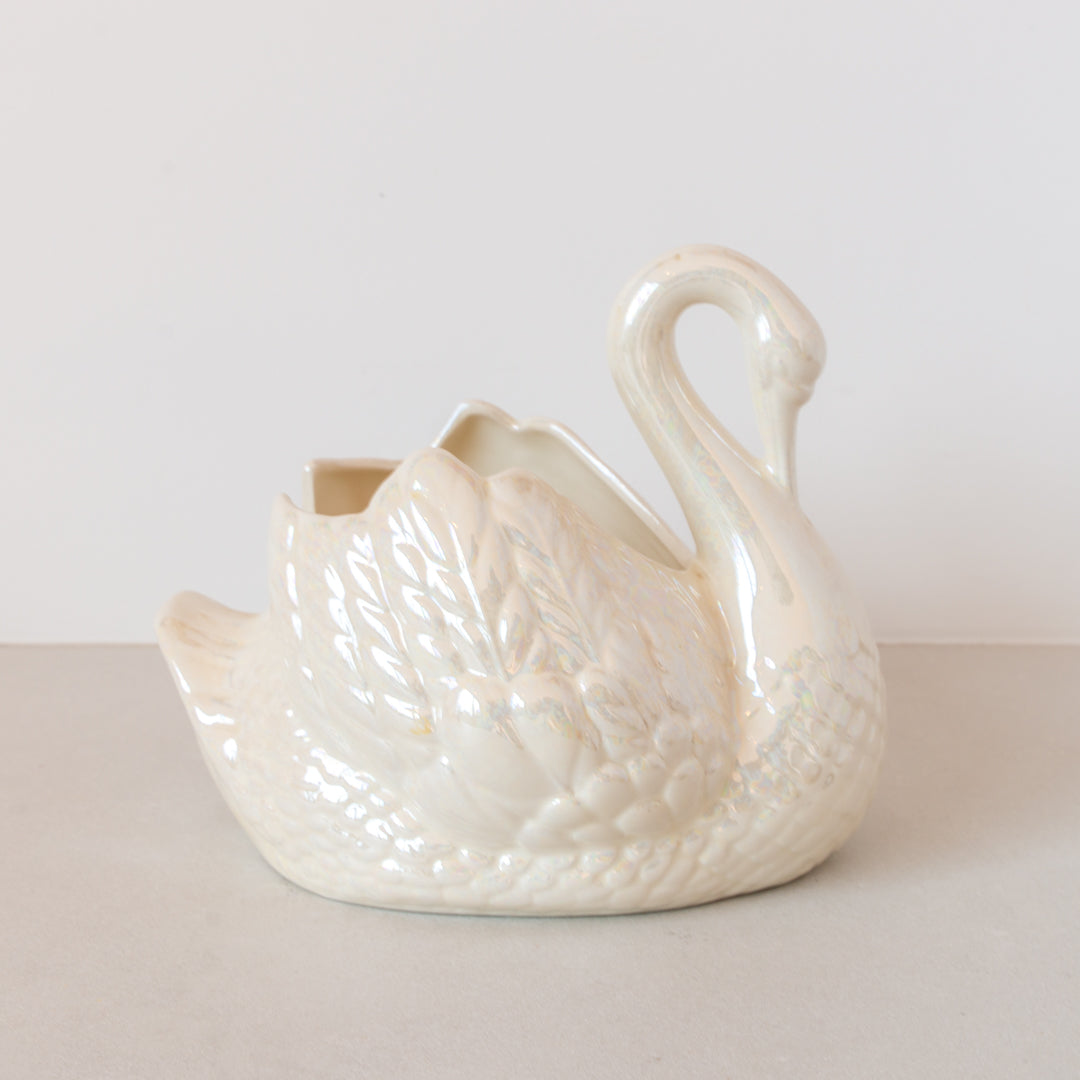 Vintage ceramic swan planter finished in cream lustre glaze at Inner Beach Co, Toronto, Canada