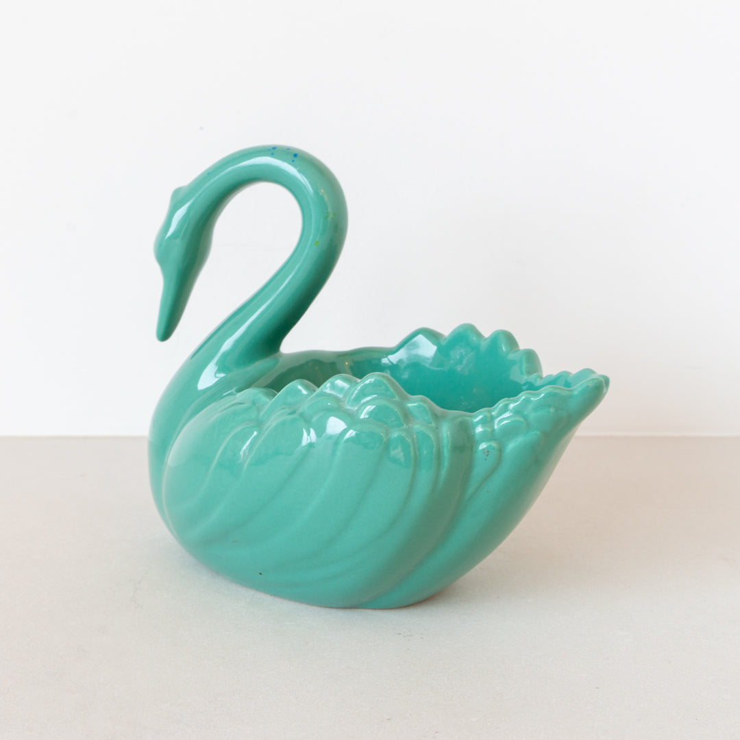 Vintage ceramic swan planter finished in sage green glaze at Inner Beach Co, Toronto, Canada
