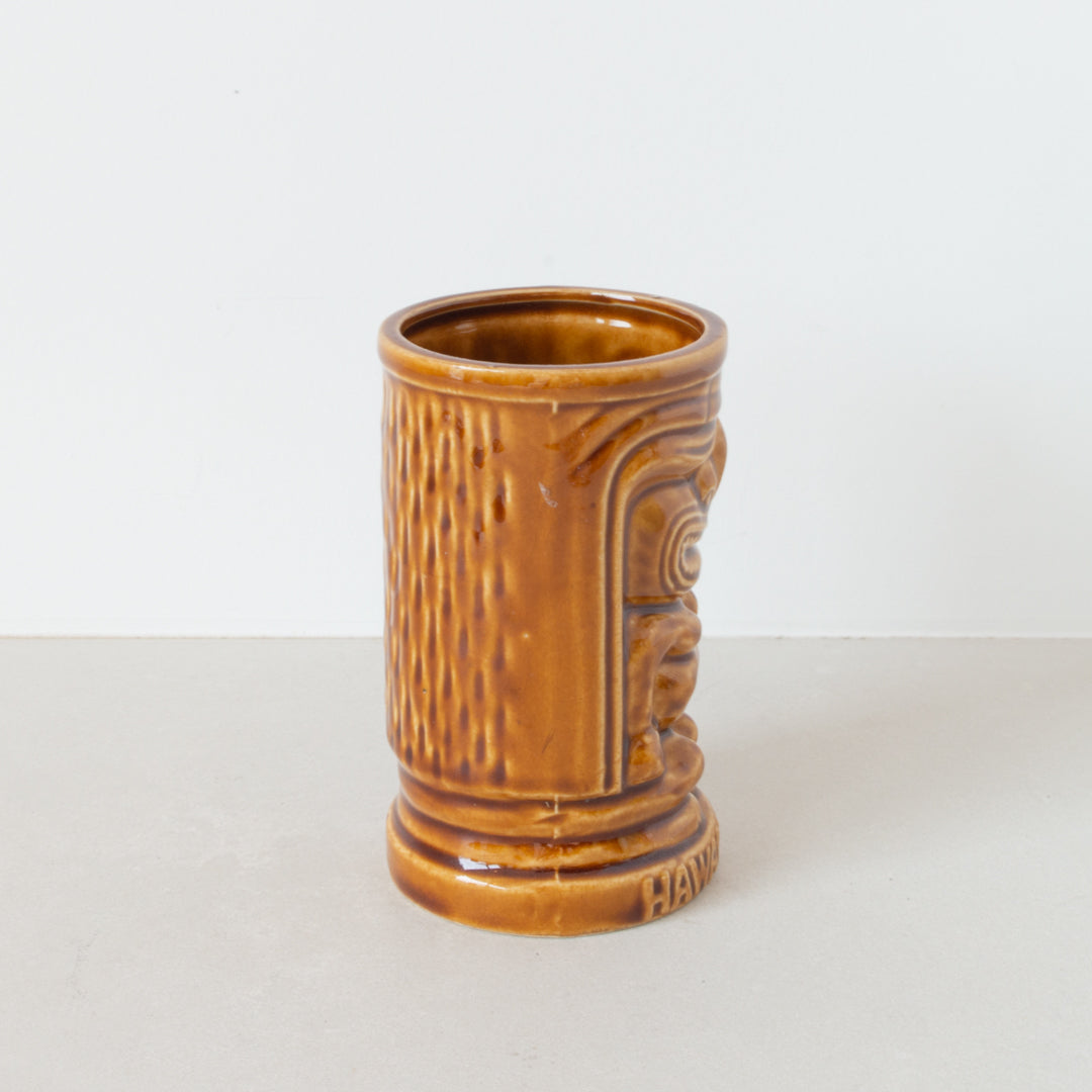 Vintage ceramic tiki head mug in caramel finish made in Japan by Orchid of Hawaii at Inner Beach Co, Toronto, Canada