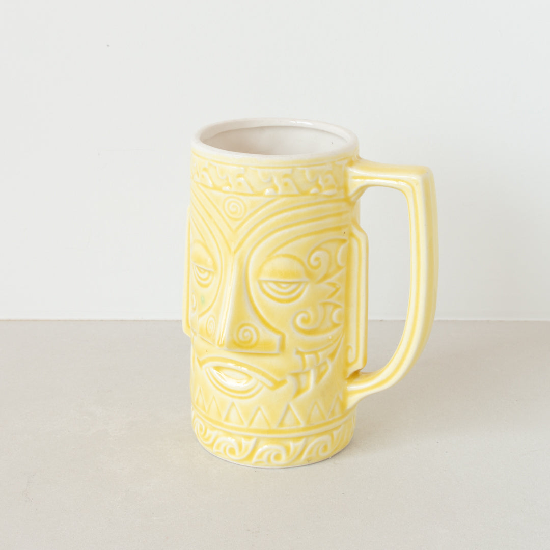 Vintage ceramic tiki head mug with handle in yellow finish made in Japan by Quon-Quon at Inner Beach Co, Toronto, Canada