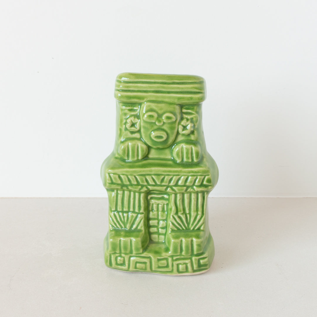 Ceramic Mayan design vase with vibrant green glaze at Inner Beach Co, Toronto, Canada