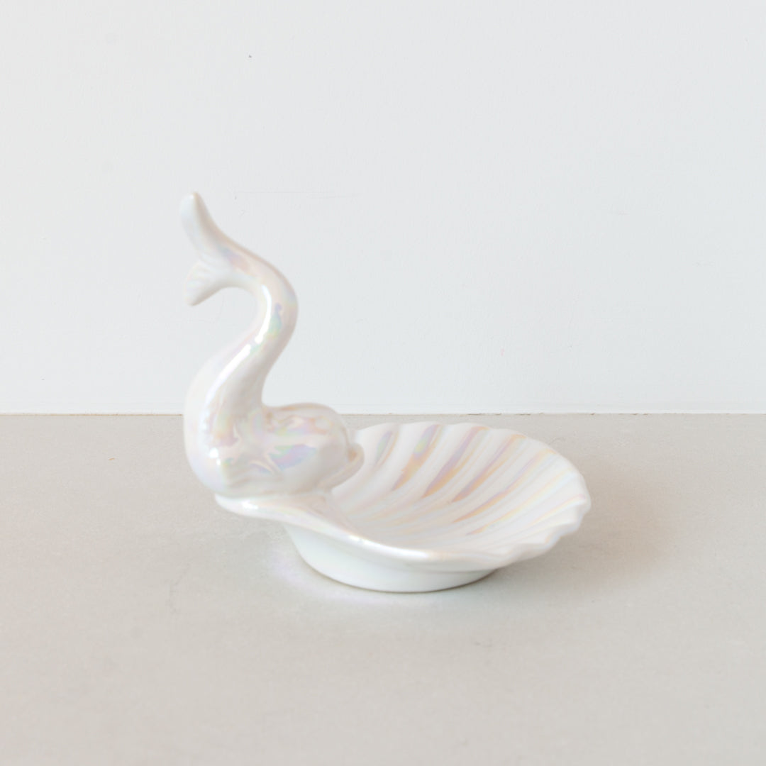 Vintage stylized dolphin shell ceramic trinket tray finished in white lustre glaze at Inner Beach Co, Toronto, Canada