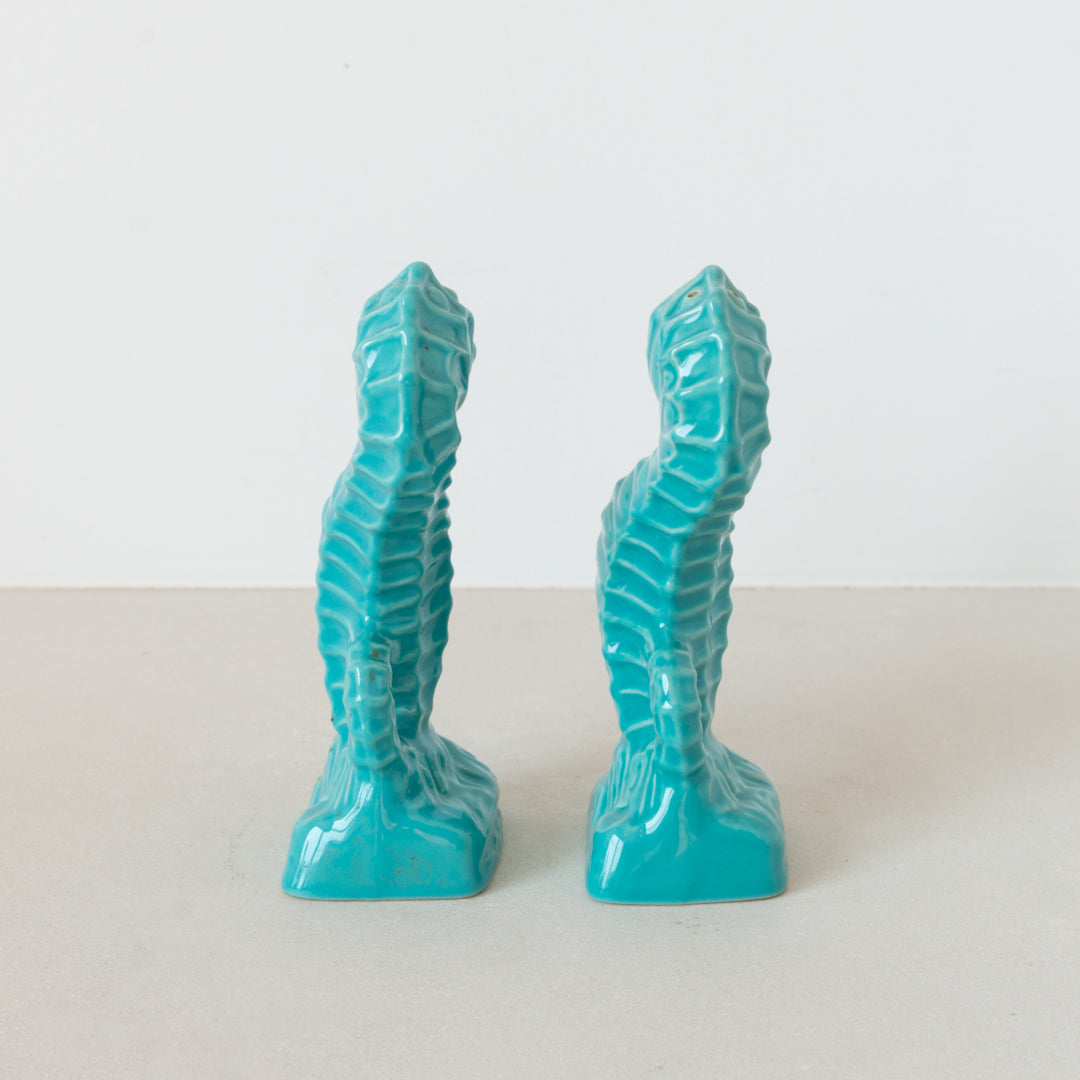 Vintage ceramic seahorse salt and pepper shaker set finished in turquoise blue at Inner Beach Co, Toronto, Canada