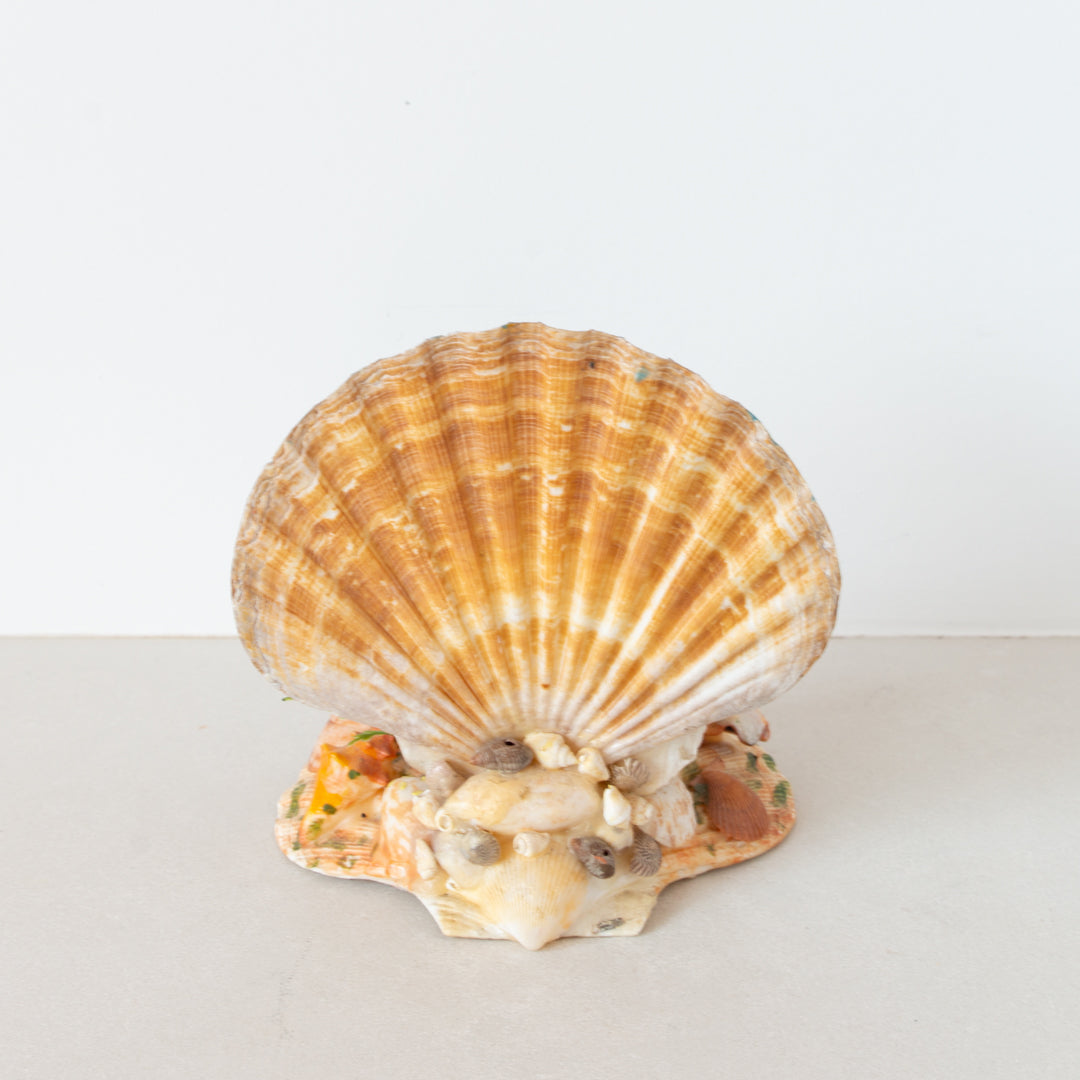 Kitschy vintage shelf ornament from 1960s. An assemblage of shells, plastic flowers, and paint. Inner Beach Co, Toronto, Canada.